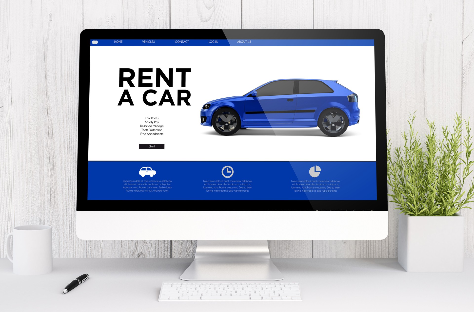 spazio di lavoro bianco con noleggiare un sito web auto